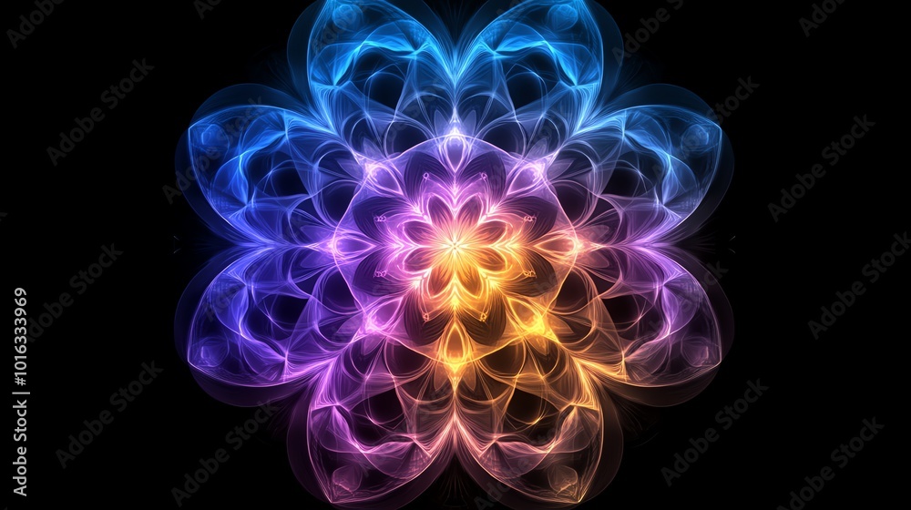 An abstract, colorful, glowing flower-shaped design. An abstract, colorful, glowing flower-shaped design.
