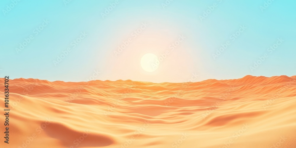 Fototapeta premium A serene desert landscape featuring rolling sand dunes and a bright sun setting in a clear blue sky.