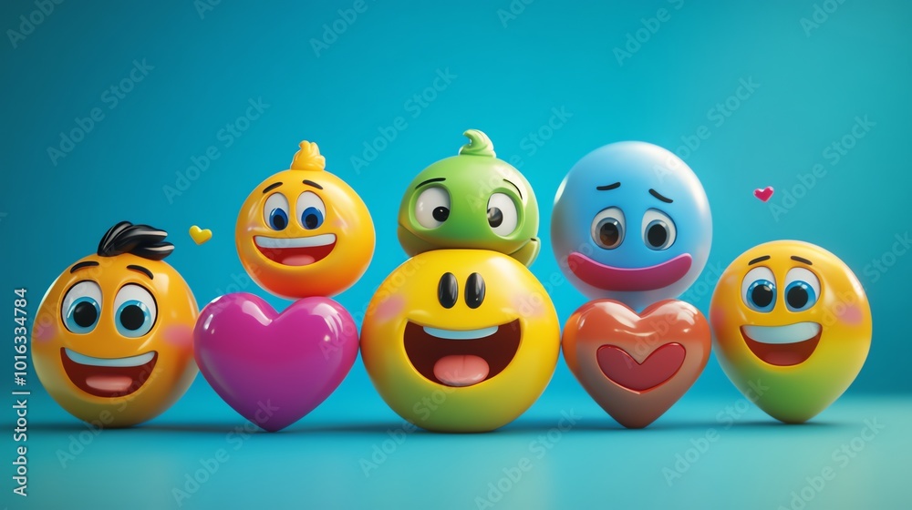 Six 3D emojis with various happy expressions and hearts on a blue background. Six 3D emojis with various happy expressions and hearts on a blue background.