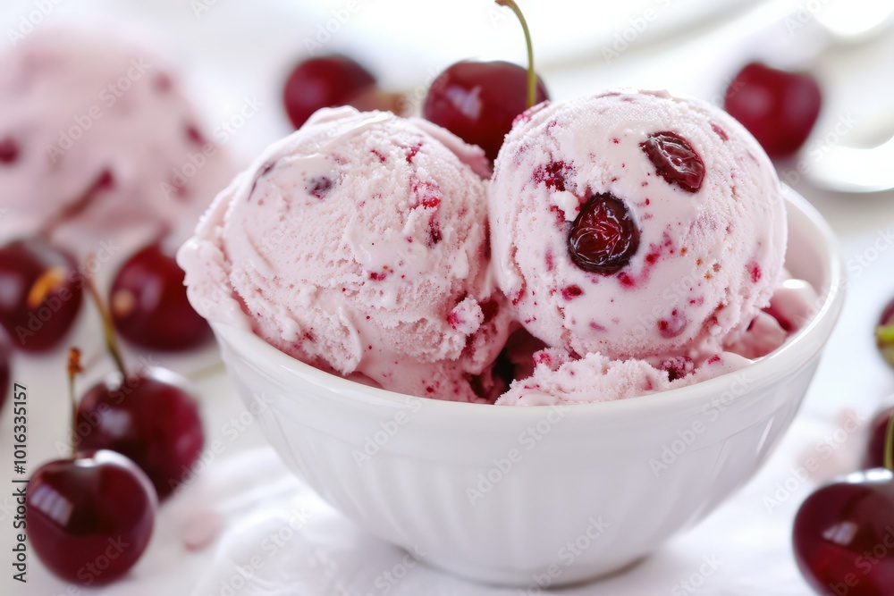 Cherry Ice Cream. Homemade Dessert with Creamy Cherry Flavor on Cold Background Cherry Ice Cream. Homemade Dessert with Creamy Cherry Flavor on Cold Background
