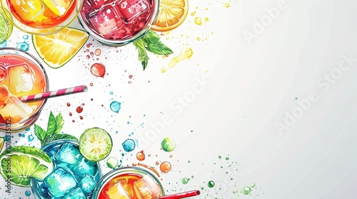 A realistic drink menu card with colorful illustrations on a solid white background.
