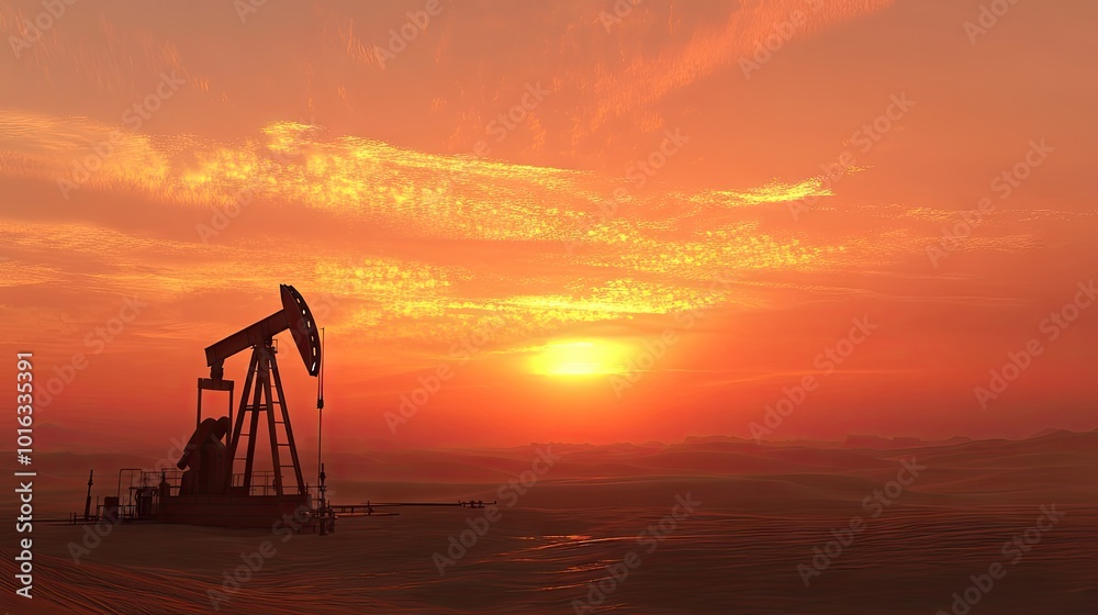 A rig oil pump working in the foreground as the sun sets behind the desert horizon, the sky glowing in shades of red and gold. A rig oil pump working in the foreground as the sun sets behind the desert horizon, the sky glowing in shades of red and gold.