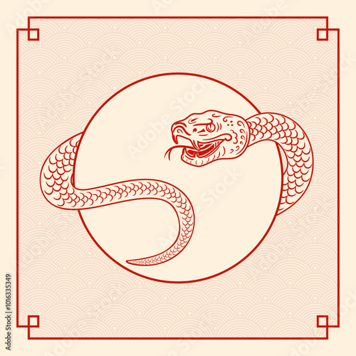 Chinese New Year of the Year of the Green Wood Snake. Asian style. A striking serpent coils elegantly and seamlessly around an egg, symbolizing the deep concepts of rebirth and eternity. fish scales.