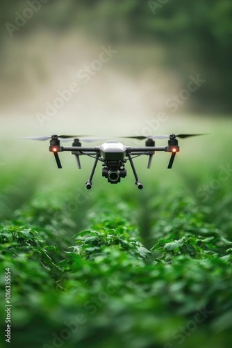 A drone flying over lush green crops, capturing aerial views for agriculture and precision farming applications.