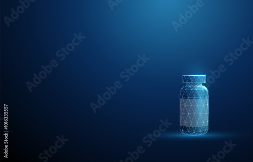 Blue plastic bottle with medicine. Treatment concept. Low poly futuristic style.