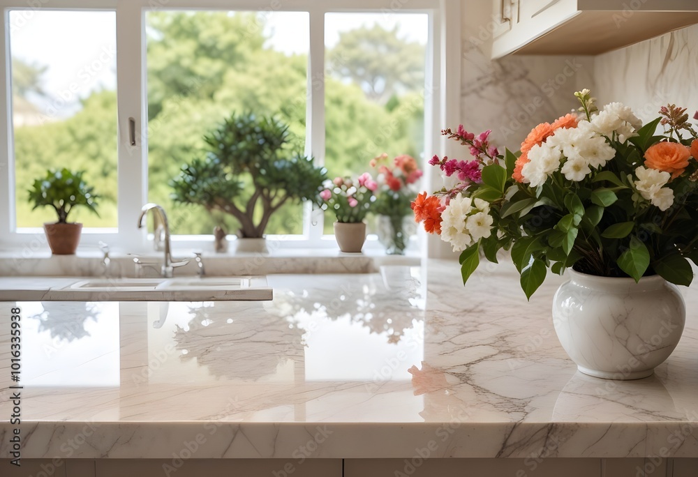 Fototapeta premium A marble kitchen counter with a vase of fresh flowers and a bonsai tree in the background, with a blurred beach scene visible through a window