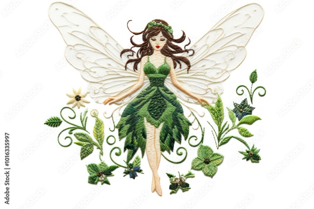 Fairy in embroidery style pattern adult green. Fairy in embroidery style pattern adult green.
