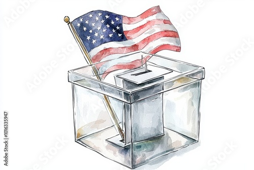 A clear ballot box with an American flag symbolizes democracy and voting in the United States. photo