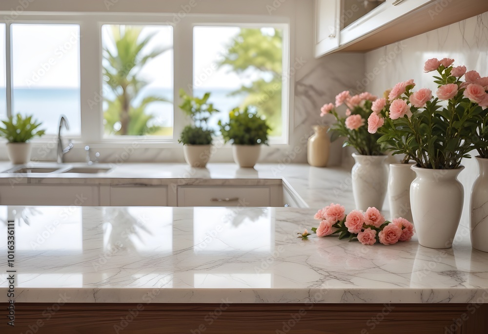Fototapeta premium A marble kitchen counter with a vase of fresh flowers and a bonsai tree in the background, with a blurred beach scene visible through a window