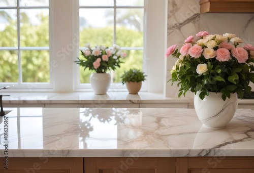 A marble kitchen counter with a vase of fresh flowers and a bonsai tree in the background, with a blurred beach scene visible through a window