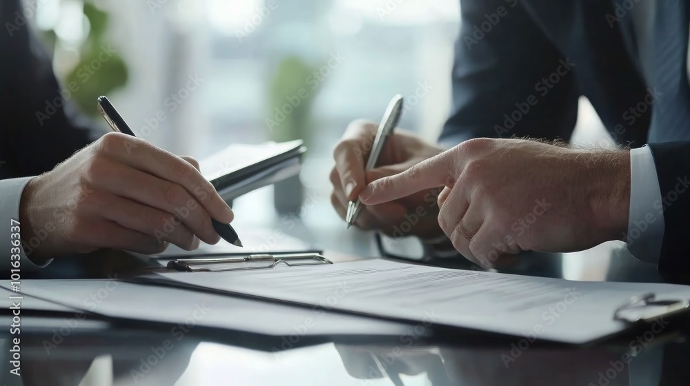 Closeup of two businessmen signing a contract.