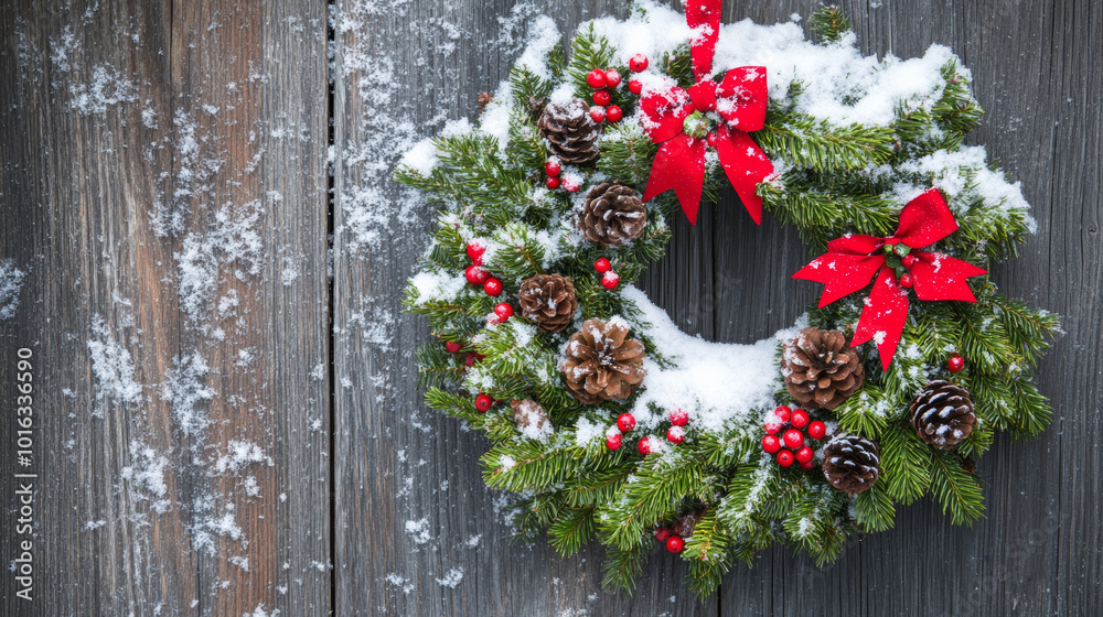 A close-up of a traditional Christmas wreath with snow hanging on a wooden door or wall. copy space A close-up of a traditional Christmas wreath with snow hanging on a wooden door or wall. copy space