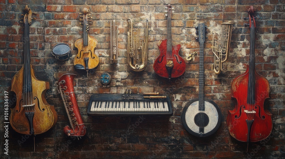 Naklejka premium Musical Instruments on Brick Wall