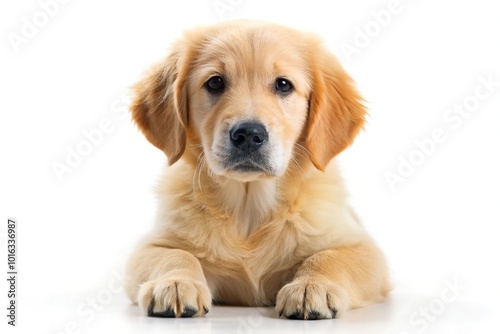 Adorable golden retriever puppy on white background