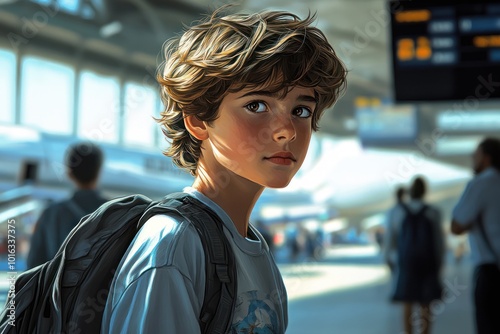 A teenager with backpack travelling alone. Boy in airport termilal looking over his shoulder