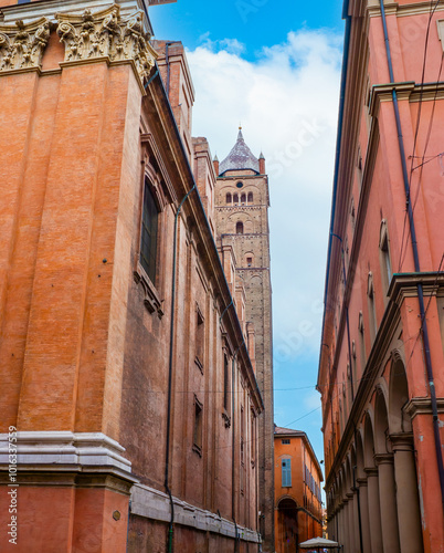 The dense housing in old Bologna and bell tower (Campanile) of Cathedral, Italy