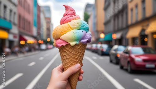A hand holding a colorful ice cream cone against a blurred background of people and buildings