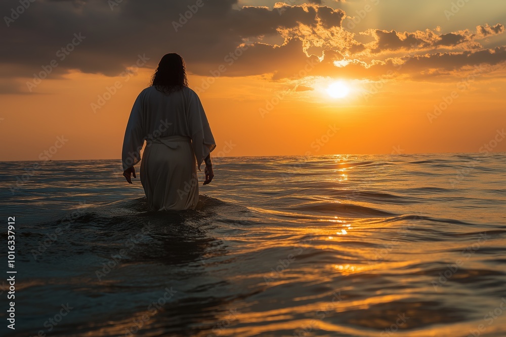 A woman in a white robe is walking in the ocean at sunset. The scene is serene and peaceful, with the sun setting in the background