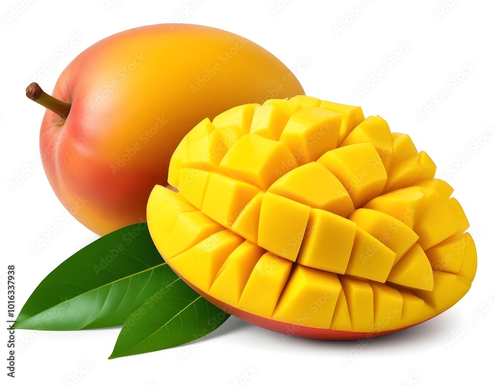 A ripe mango with sliced pieces, green leaves, and a whole mango in the background