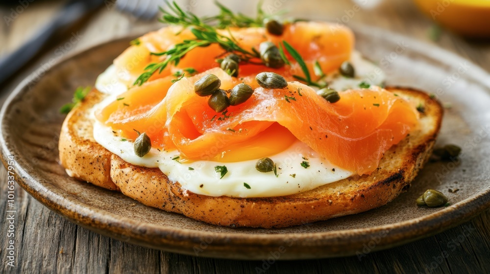 A beautifully plated egg benedict with a twist, featuring smoked salmon and capers, served on a rustic wooden table. A beautifully plated egg benedict with a twist, featuring smoked salmon and capers, served on a rustic wooden table.