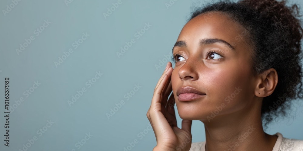 A woman with a dark complexion is looking at the camera. She has a hand on her face and she is in a contemplative mood A woman with a dark complexion is looking at the camera. She has a hand on her face and she is in a contemplative mood