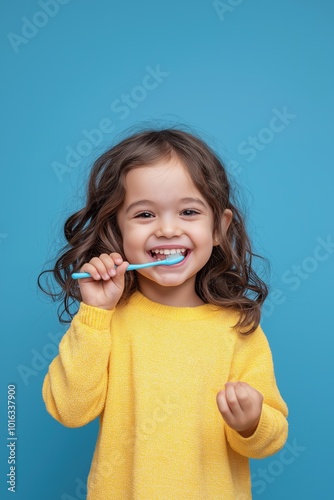 A young girl is brushing her teeth with a blue toothbrush. She is smiling and she is enjoying the activity