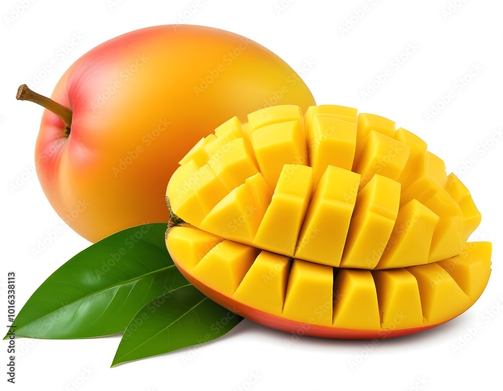 A ripe mango with sliced pieces, green leaves, and a whole mango in the background A ripe mango with sliced pieces, green leaves, and a whole mango in the background