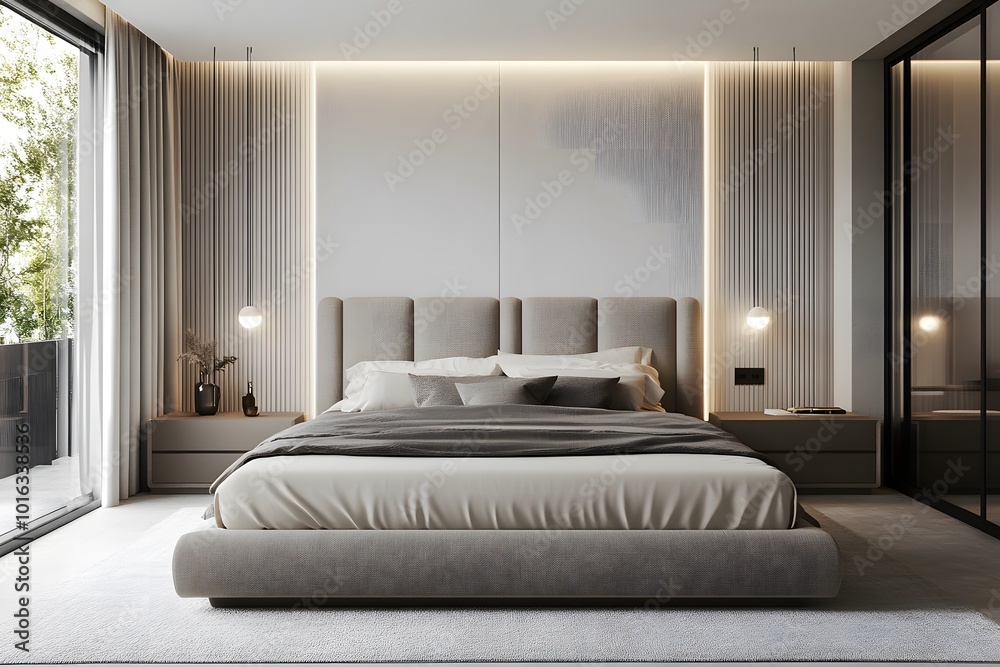 Modern bedroom design with soft neutral tones, a large upholstered bed with cozy linens, ambient lighting, and minimalist decor elements, creating a peaceful and relaxing atmosphere Modern bedroom design with soft neutral tones, a large upholstered bed with cozy linens, ambient lighting, and minimalist decor elements, creating a peaceful and relaxing atmosphere