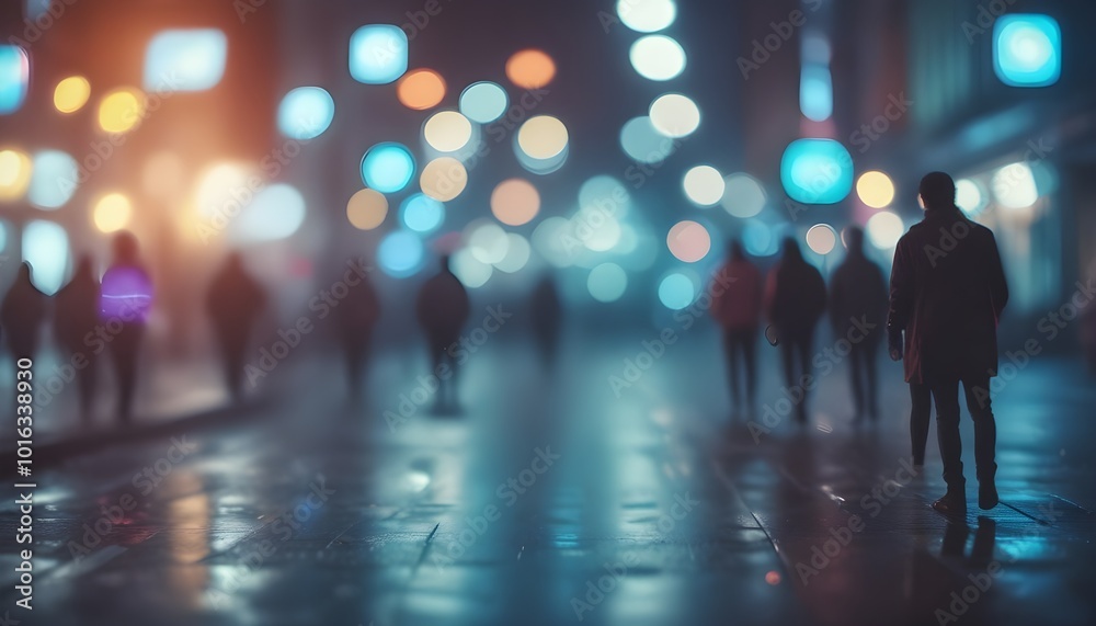 A blurred city street at night with colorful bokeh lights in the background, creating a moody and atmospheric scene
