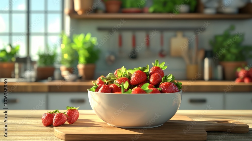 A charming kitchen scene with a bowl of strawberries and a wooden cutting board, where a chef is preparing a fresh strawberry salad. A charming kitchen scene with a bowl of strawberries and a wooden cutting board, where a chef is preparing a fresh strawberry salad.