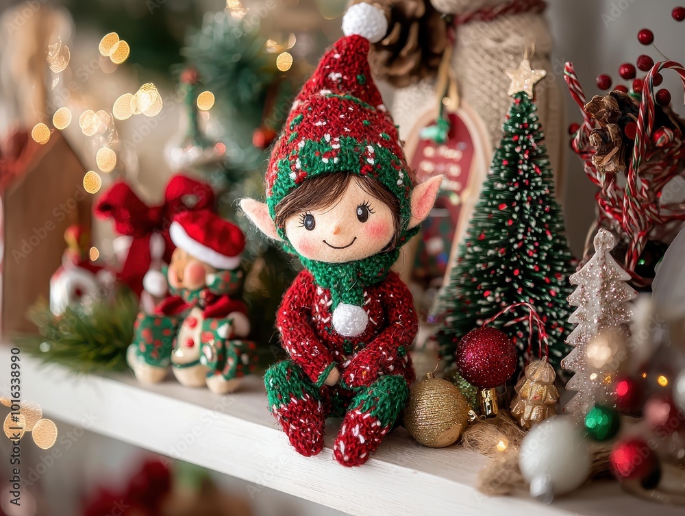 Adorable Christmas Elf Toy Sitting on a Shelf with Festive Decorations, AI Generation Adorable Christmas Elf Toy Sitting on a Shelf with Festive Decorations, AI Generation