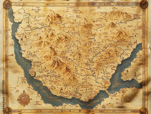An antique, hand-drawn map depicting a vast land with mountains, rivers, and lakes, all rendered in a warm, earthy palette.