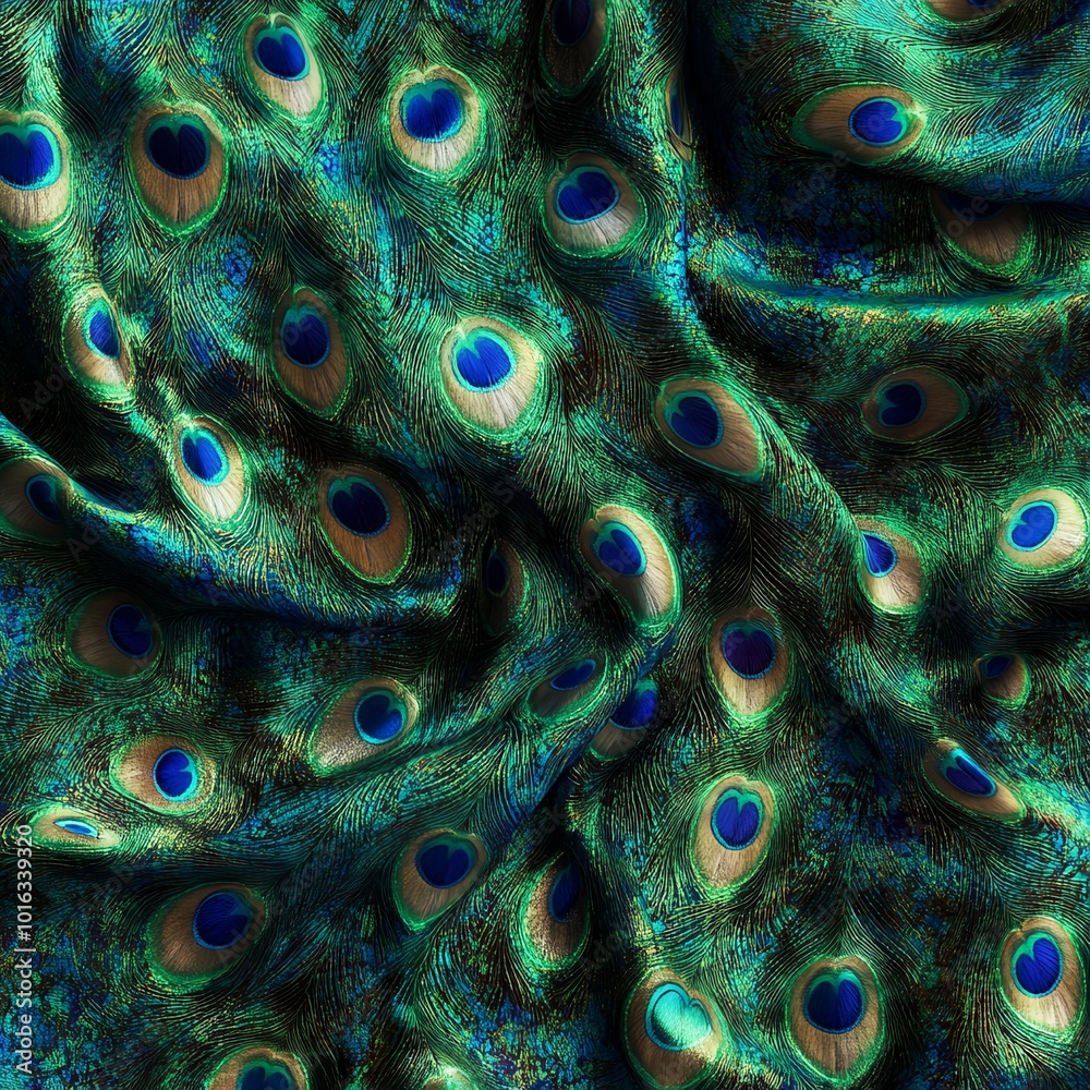 Obraz premium Luxurious peacock feather patterned fabric with rich colors and elegant draping