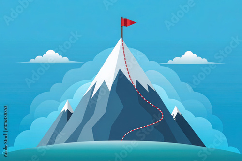 Mountain peak illustration with a red flag on top and a marked path leading to the summit, symbolizing achievement, goal setting, and success
