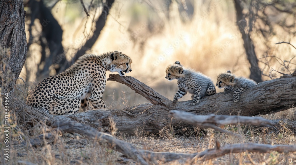 A cheetah and its cubs playing with a fallen branch, capturing a playful moment in the wild. A cheetah and its cubs playing with a fallen branch, capturing a playful moment in the wild.