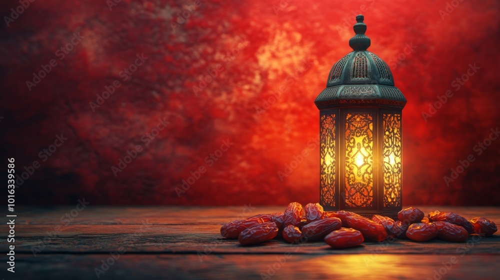Fototapeta premium A traditional Islamic lantern with a warm glow sits on a wooden table with dates in front of it.