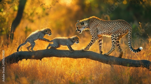 A cheetah and its cubs playing with a fallen branch, capturing a playful moment in the wild.