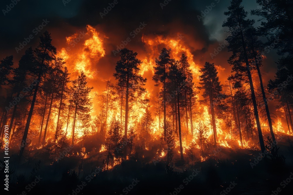 dramatic nighttime forest fire towering flames engulfing trees smoky orange glow illuminating devastated landscape climate change allegory