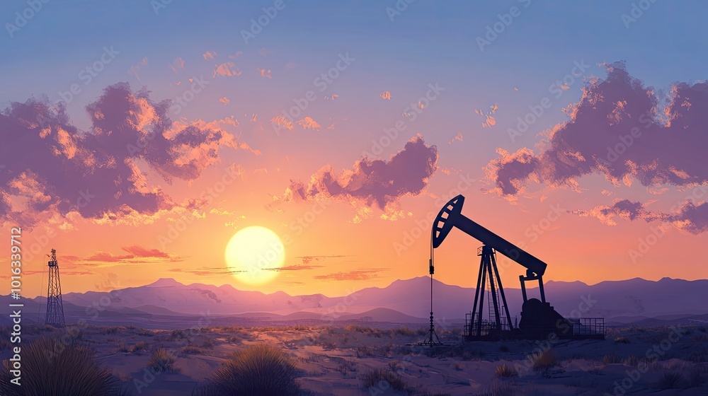 A peaceful desert scene at sunset with a rig oil pump standing tall, silhouetted by the sun's fading rays. A peaceful desert scene at sunset with a rig oil pump standing tall, silhouetted by the sun's fading rays.
