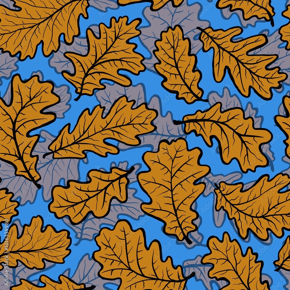 Fototapeta premium Bright autumn pattern with fallen leaves and the blue sky, oak leaves seamless hand drawn pattern