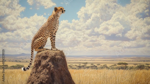 A cheetah perched on a termite mound, surveying its surroundings, with the vast African landscape stretching out behind it.