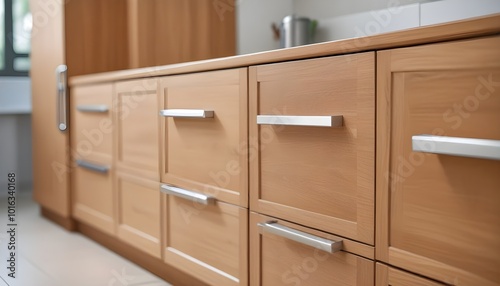 Wooden cabinets with silver handles against a blurred background