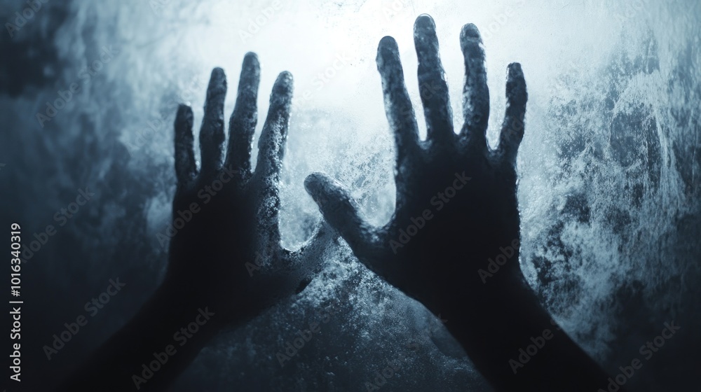 Silhouetted hands pressing against a watery surface, creating a sense of struggle or connection. Silhouetted hands pressing against a watery surface, creating a sense of struggle or connection.