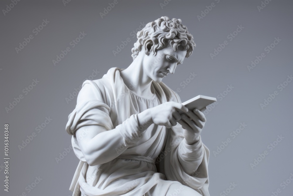 Obraz premium A sculpture of man holding smart phone statue marble representation.