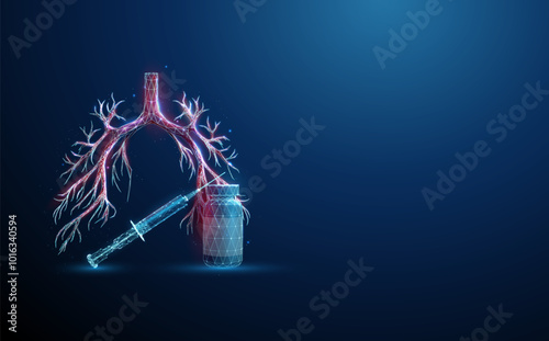 Bottle and syringe in front of red futuristic human bronchial tree. Lungs diseases, medical treatment and pharmacy concept Low poly.