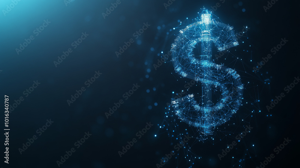 A shiny, modern dollar sign made of lines and glowing lights stands out against a dark blue background. This futuristic design represents the world of finance.low poly wireframe.