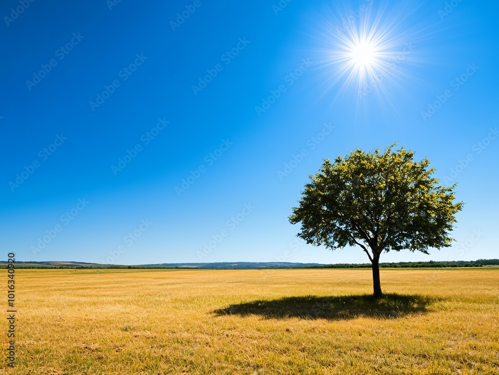 A solitary tree stands in a vast golden field under a bright blue sky with a shining sun, creating a serene and tranquil scene. A solitary tree stands in a vast golden field under a bright blue sky with a shining sun, creating a serene and tranquil scene.
