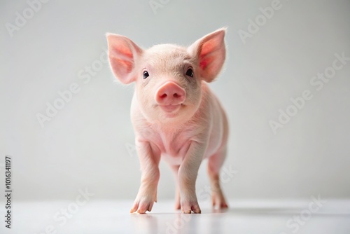 Adorable pink piglet with a curly tail stands on a bright white farm background photo