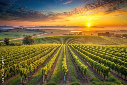 High Angle Vineyard agricultural fields during sunrise