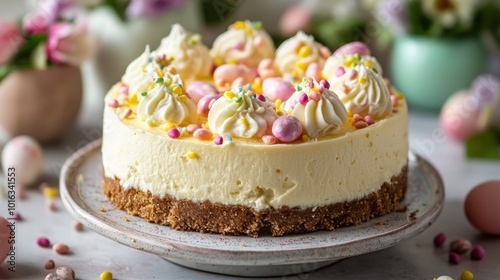 Delicious Easter cheesecake with pastel sprinkles and candy eggs on a white plate with flowers in the background.